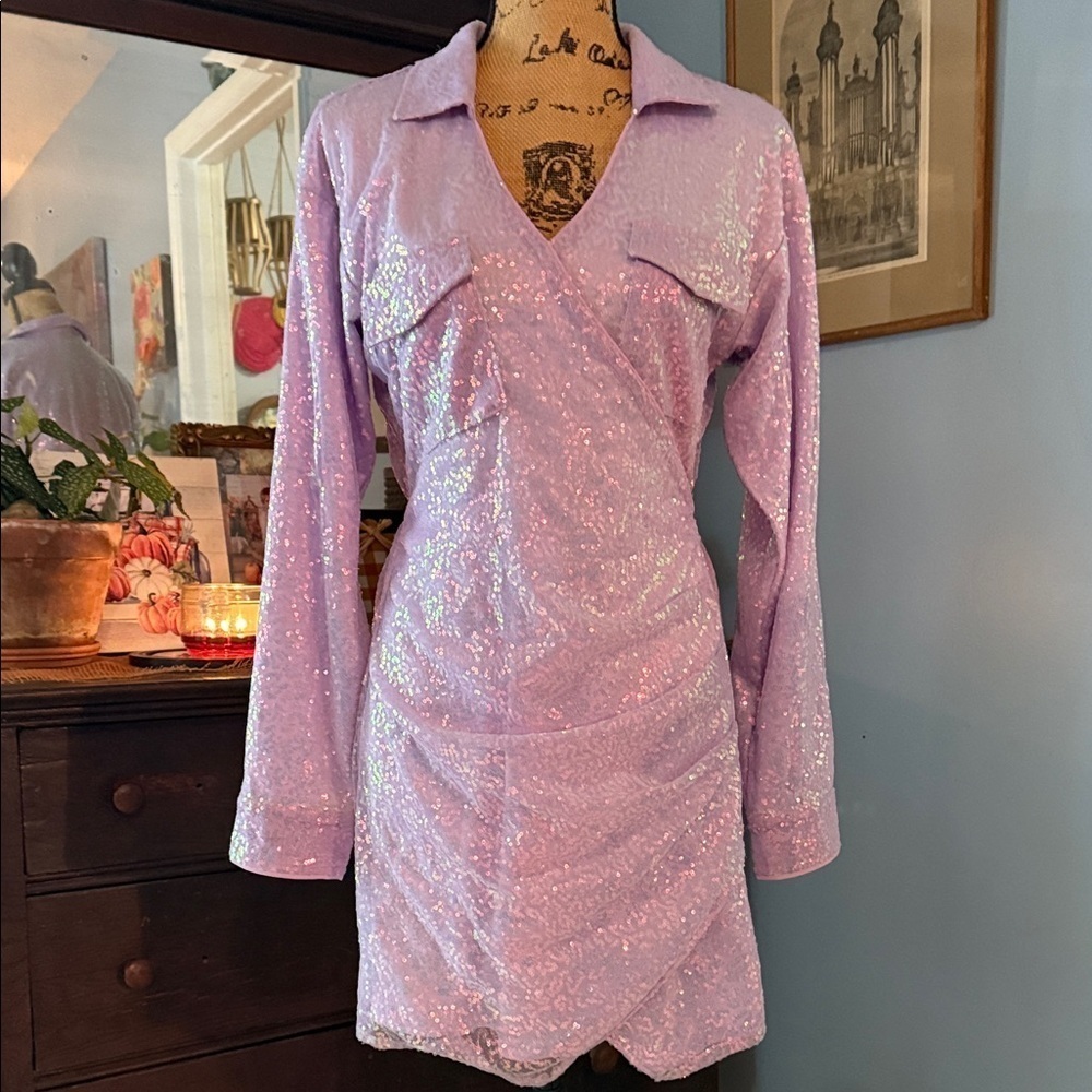 Les Lis Purple Lavender Iridescent Sequin Mini Dress - Picture 2 of 13
